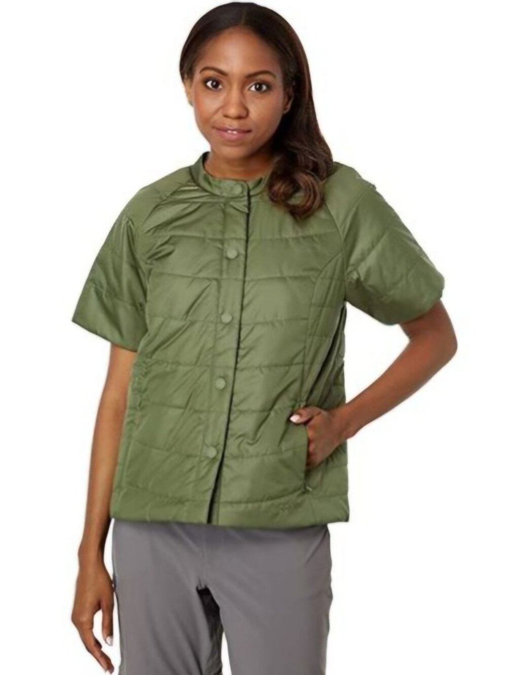 L.L. Bean Collarless Short Sleeve Puffer Olive Snap Closure Size S